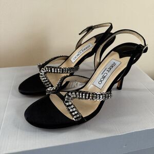 Jimmy Choo Black Satin Evening Sandals Crystal Rhinestone Women's Heels Sz 36
